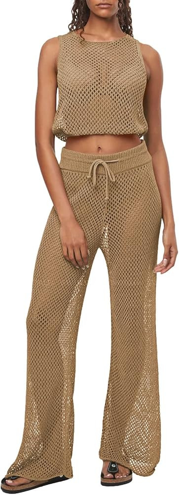 Pink Queen Women's Swimsuit Cover Up Set 2 Pieces Crochet Sleeveless Crop Top Wide Leg Long Pants... | Amazon (US)