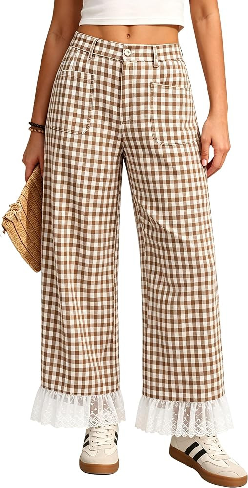 Tanming Womens Gingham Wide Leg Palazzo Pants Casual Lace-Hem Lounge Pants Bottoms with Pockets f... | Amazon (US)