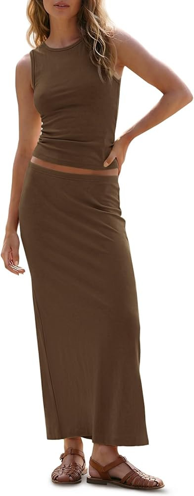 Wenrine Womens 2 Piece Outfits Sleeveless Ruched Tank Tops Casual Maxi Long Skirts Sets Summer Sl... | Amazon (US)