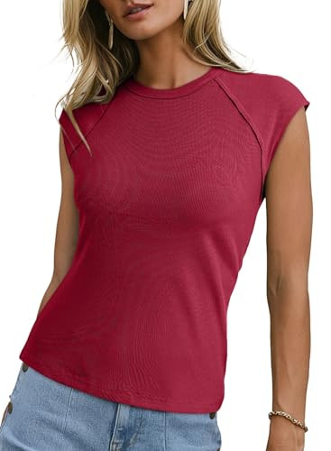 Sidefeel Womens Summer Tops Casual Crewneck Cap Sleeve Tops Raw Hem Ribbed T Shirts Slim Fit Basi... | Amazon (US)