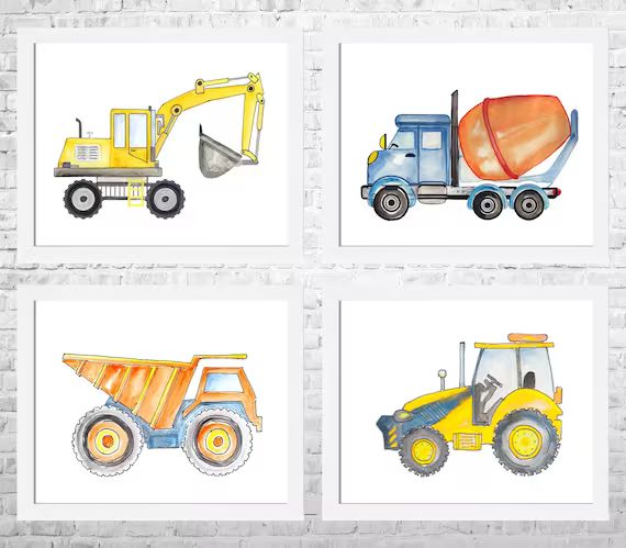 Construction Vehicle Watercolor Prints Set of 4, Digger Trucks Art, Construction Nursery Decor, B... | Etsy (US)