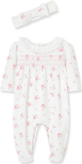 Rose Smocked Yoke Cotton Footie & Headband Set | Nordstrom