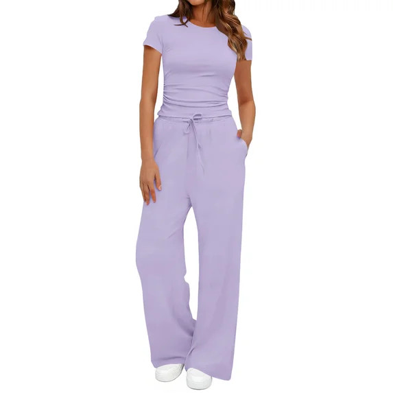 UVN Summer 2 Piece Outfit Set for Women Ruched Short Sleeve Tops and Wide Leg Pants with Pockets ... | Walmart (US)