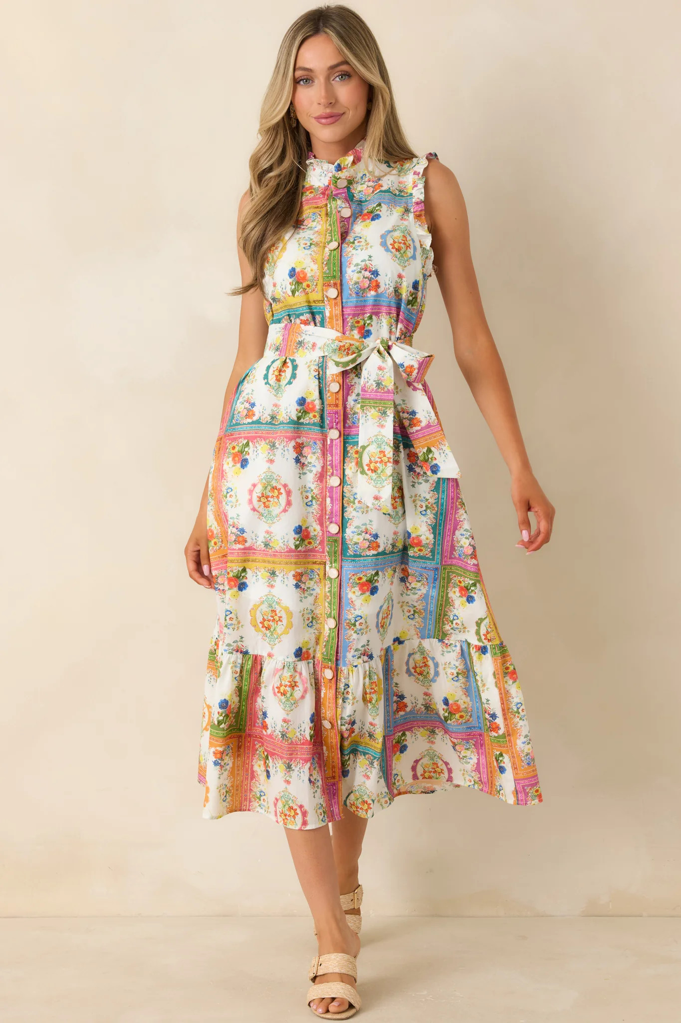 Framed in Love Multi Floral Tile Print Midi Dress | Red Dress