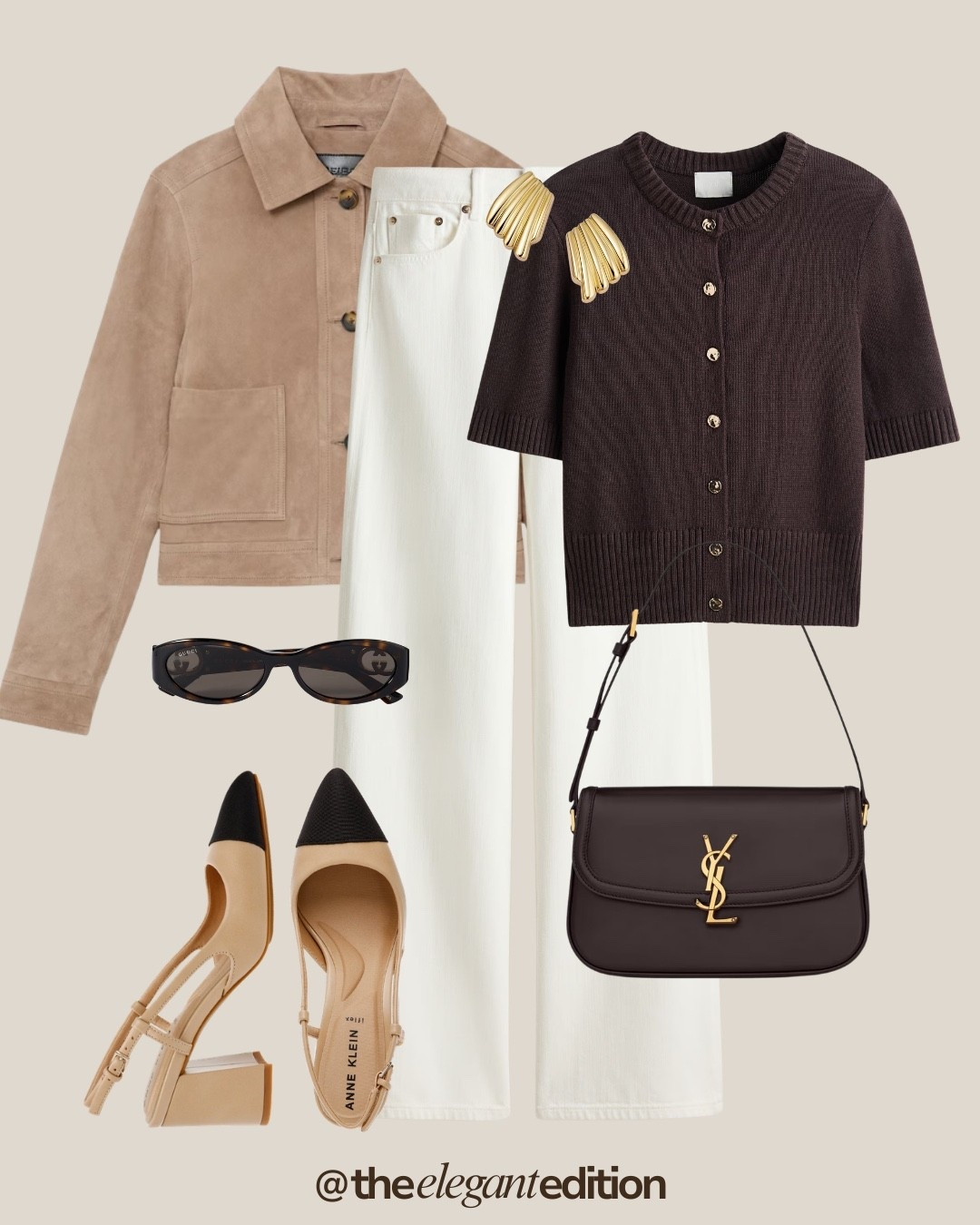 White Denim Spring Outfit 🤍🤎
Tags: cream white denim straight leg taupe suede jacket cropped oversized chocolate brown cardigan short sleeve knit button up beige slingback heels pointed toe ankle strap chocolate brown YSL shoulder bag crossbody gold hardware sunglasses tortoise oval gold earrings fan shaped spring transitional casual chic elegant sophisticated
#LTKspring #LTKstyletip #LTKitbag​​​​​​​​​​​​​​​​

#LTKspring #LTKstyletip #LTKeurope