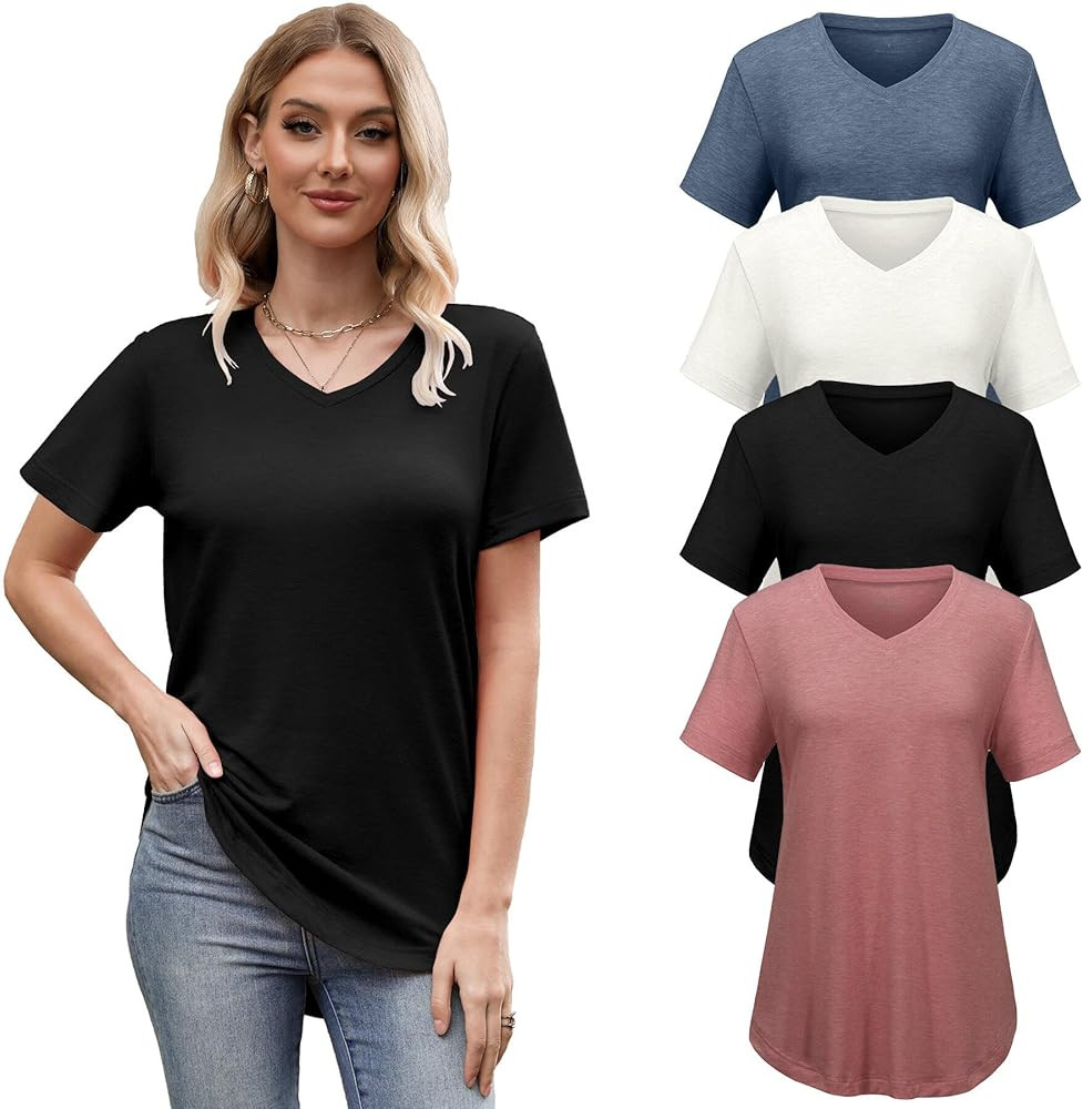 4 Pack Womens Tops Basic Summer V Neck T Shirts Short Sleeve Shirts Casual Loose Fit Tee Tops 202... | Amazon (US)