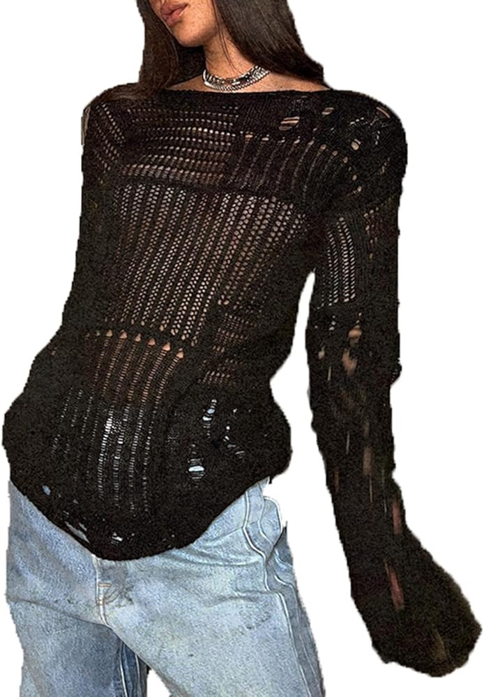 HOXIJIA Women Long Sleeve Sweaters Hollow Out Loose Round Neck Off Shoulder Crochet Cutout Fishne... | Amazon (US)