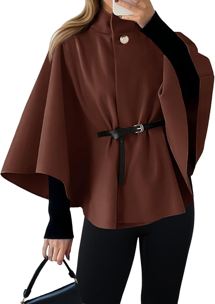 Cicy Bell Womens Batwing Sleeve Poncho Pea Coats Oversized Belted Trendy Casual Stand Collar Cloa... | Amazon (US)
