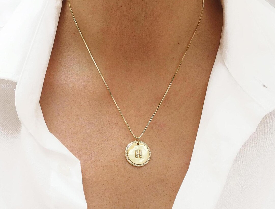 Personalized Gold Initial Necklace With Round CZ Coin Charm, Raised Custom Letter Halo Pendant on... | Etsy (US)