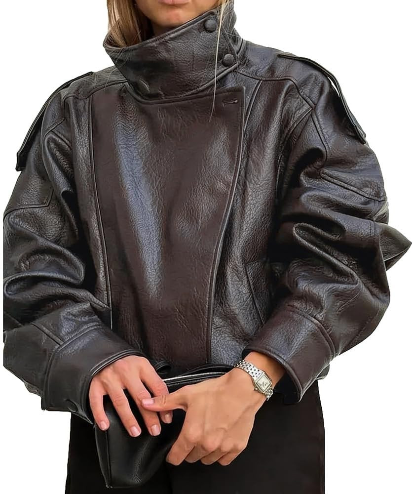 Molilove Women's Leather Jacket Casual Fall Zip Up Jacket Racer Varsity Jackets Biker Motor Coat ... | Amazon (US)
