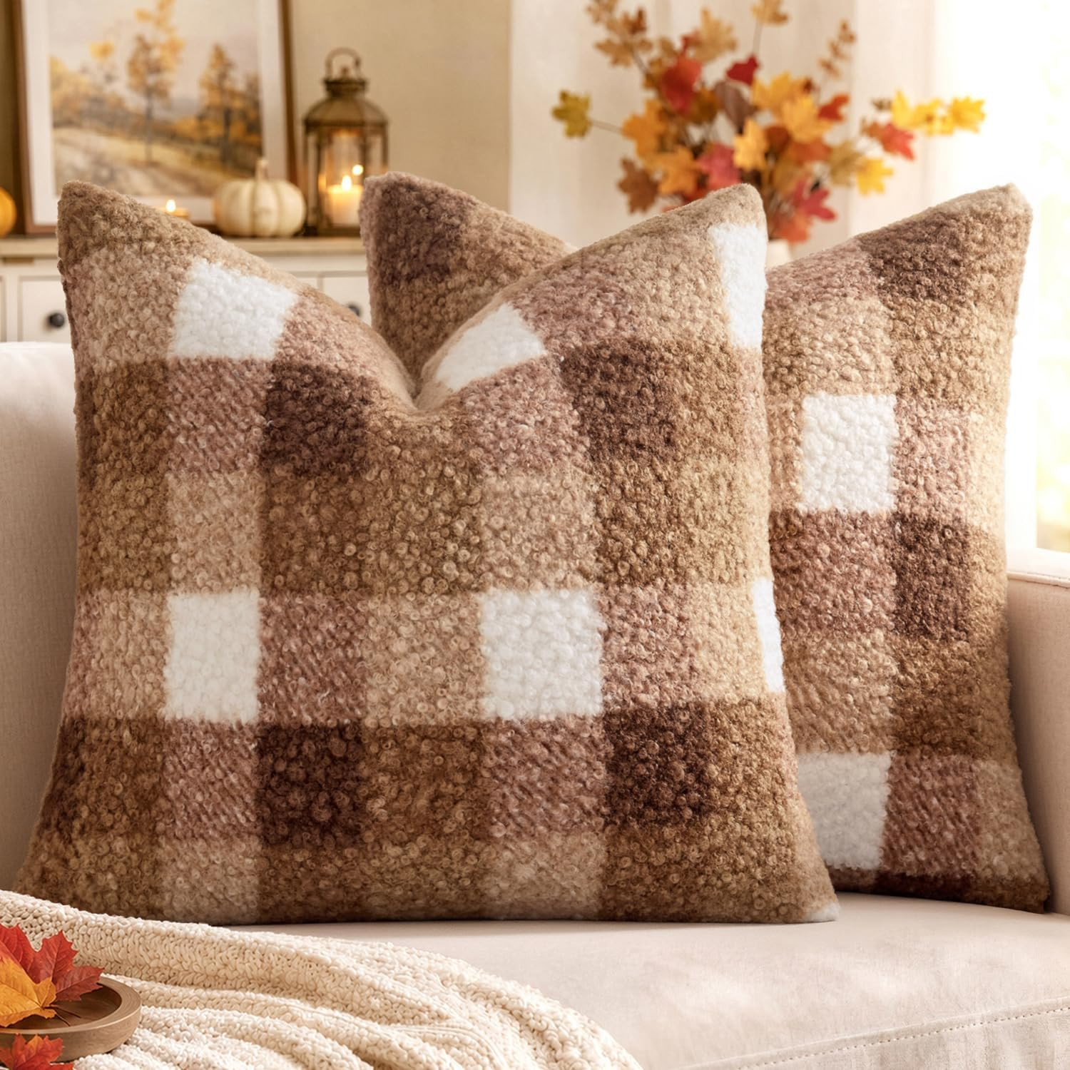 MIULEE Fall Plaid Pillow Covers Boucle Khaki White 18x18 Set of 2 | Amazon (US)