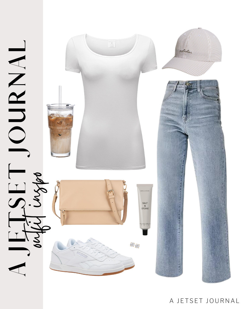 For early morning errands or sightseeing, you can wear this simple scoop-neck T-shirt from OThread & Co. and pair it with jeans. You may love wearing this white baseball cap and matching Reebok sneakers. 

 #LTKSeasonal #LTKSaleAlert #LTKTravel
