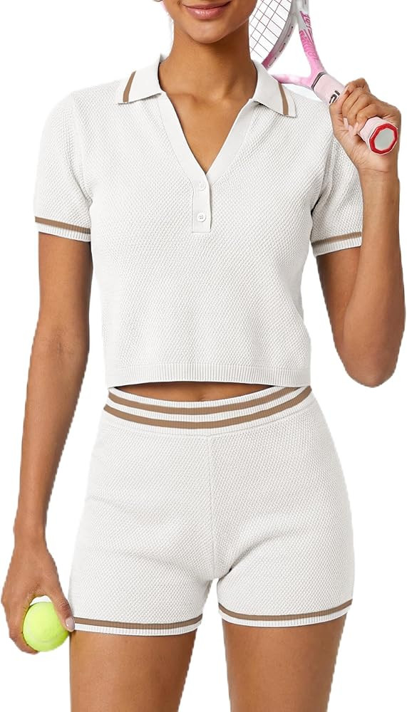 TQD Tennis Workout Sets for Women 2 Piece Athletic Shorts Set Short Sleeve Matching Knit Lounge C... | Amazon (US)