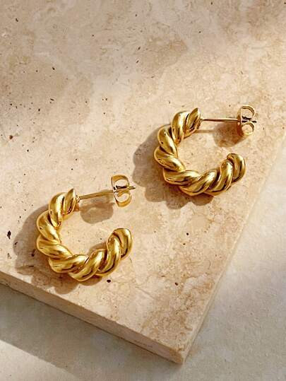 Uworld 1pair Minimalist Twist Design Cuff Stainless Steel Hoop Earrings Waterproof Silver 18K Gold Plated CC Hoop Earring For Daily Wearing - Size one-size | SHEIN