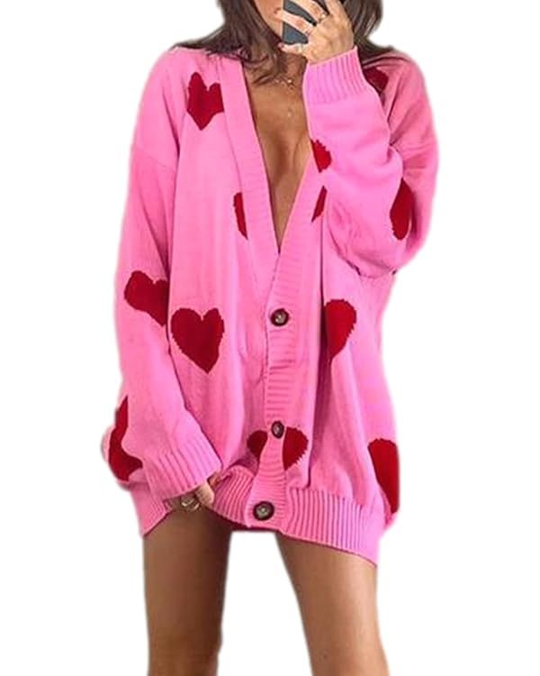 Women Valentines Day Heart Sweater Cardigan Long Sleeve Button Open Front Casual Loose Knit Sweat... | Amazon (US)