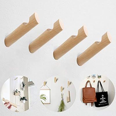 Wooden Wall Mounted Coat Hooks - 4 Pack Natural Solid Wood Coat Rack Hat Hooks Robe Hook Entryway... | Amazon (US)