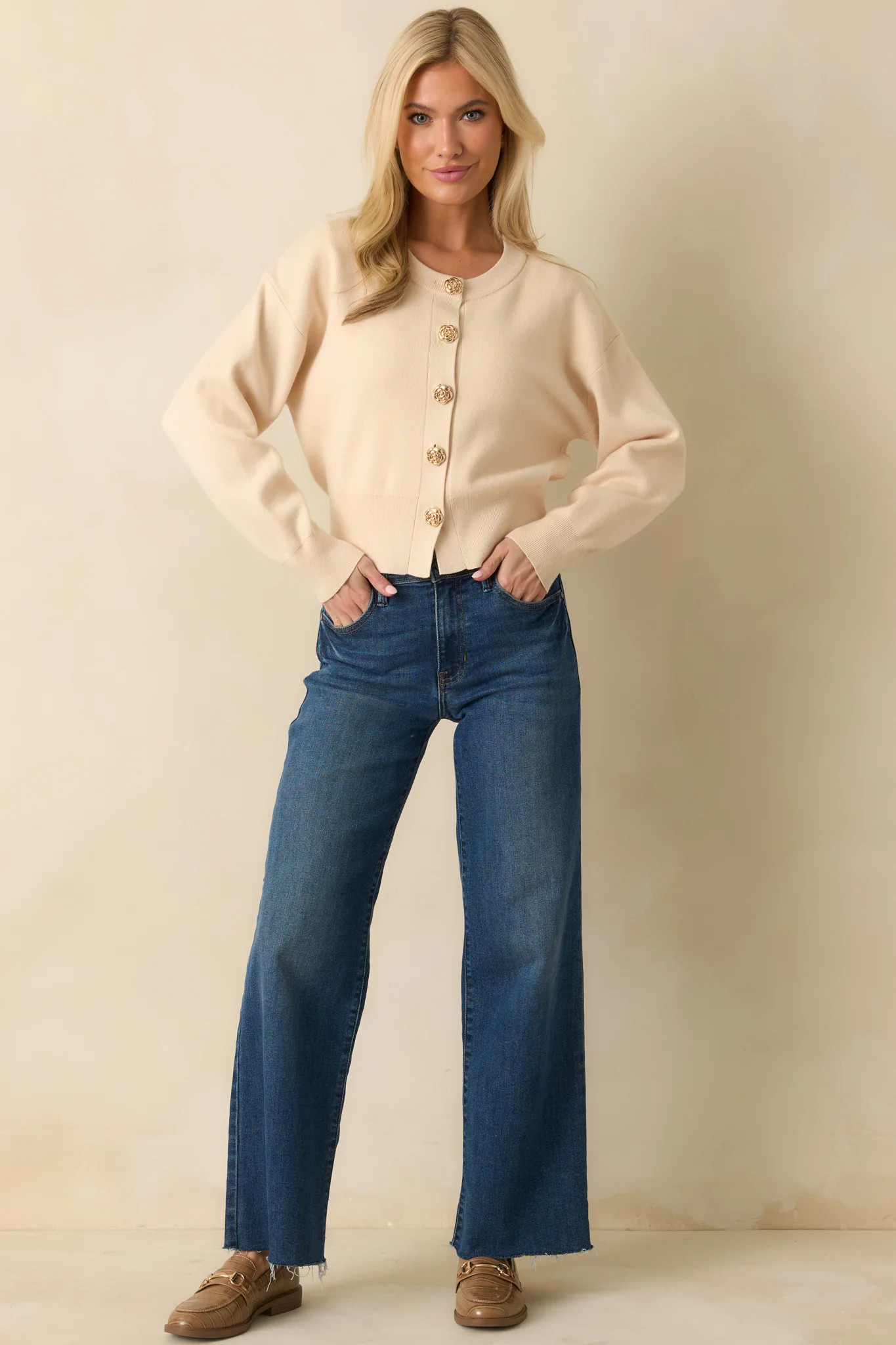 Kind Of Comforting Ecru Beige Button Front Long Sleeve Cardigan | Red Dress