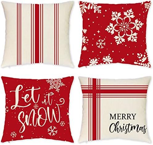Set of 4 Christmas Pillow Covers 18x18 Inches Red Ticking Striped Merry Christmas Let It Snow Sno... | Amazon (US)