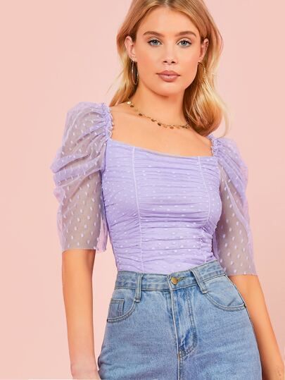 SHEIN Puff Sleeve Ruched Detail Lace Top | SHEIN