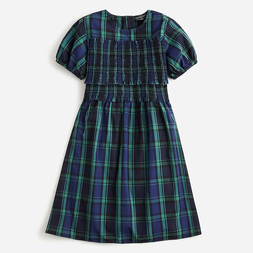 Girls' smocked puff-sleeve dress in tartan | J.Crew US