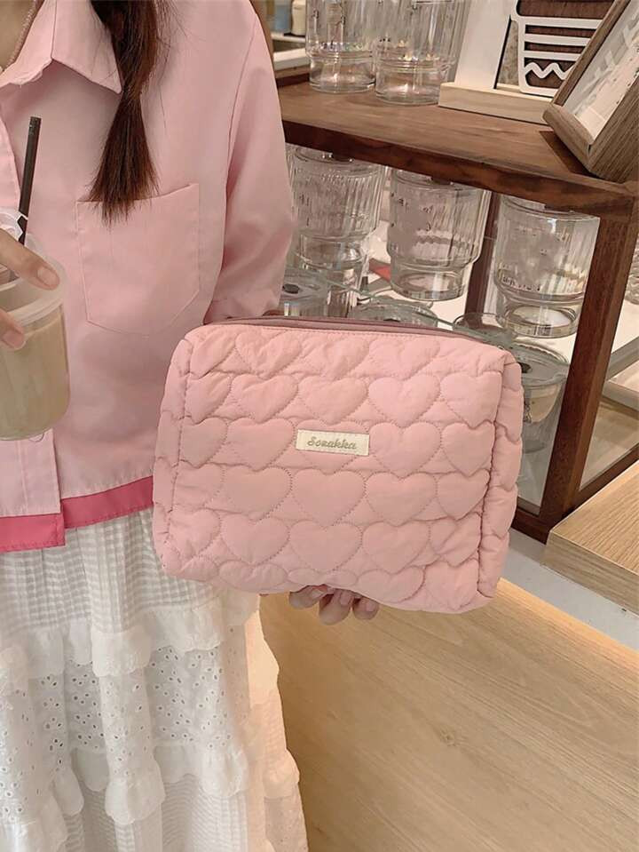 1pc Valentine'S Day Theme Fashion Solid Color Quilted Love Polyester Material Zipper Closed Women... | SHEIN