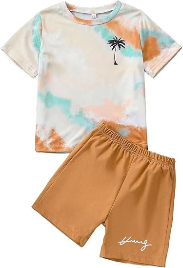 Kid Toddler Baby Boys Clothes Tie-dye Palm Leaf Top 2Pcs Summer Shorts Set | Amazon (US)