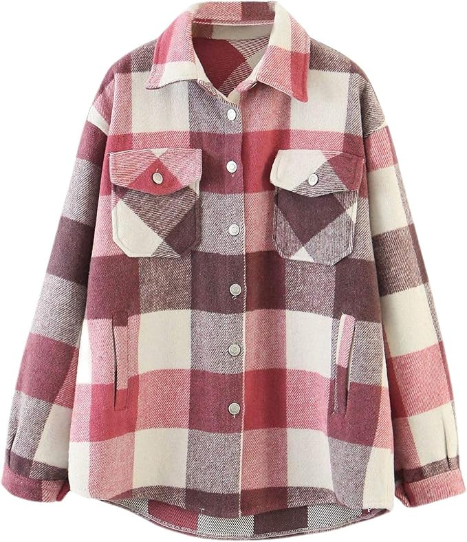 Women Plaid Long Sleeve Shirt Jacket Casual Wool Blend Button Down Shacket Shirts Coat | Amazon (US)