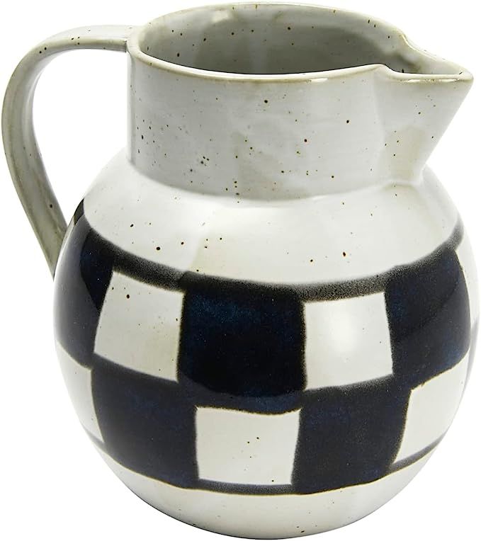 Farmhouse Stoneware Pitcher with Painted Checker Design, Ivory and Dark Blue | Amazon (US)