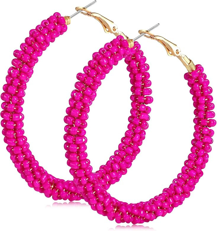 CEALXHENY Beaded Hoop Earrings for Women Mixed Color Bead Dangle Earrings Bohemia Hoop Dangle Ear... | Amazon (US)