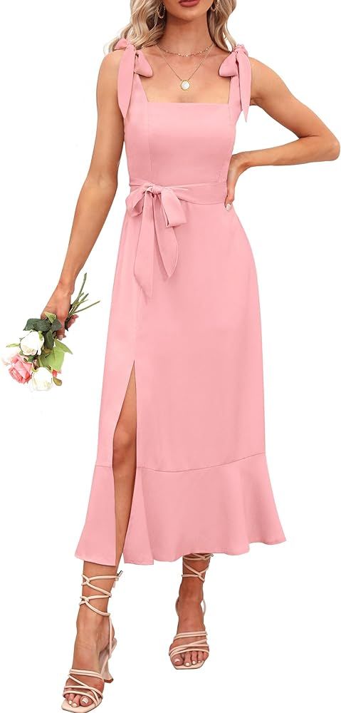 Women's 2024 Elegant Bridesmaid Dress Square Neck Ruffle Split Summer Formal Wedding Guest Cockta... | Amazon (US)