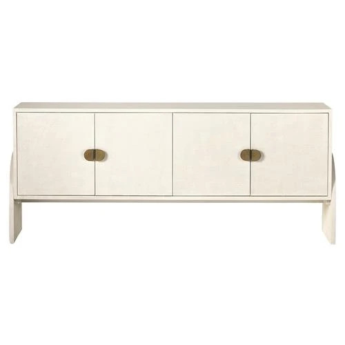 Maya Mid Century White Painted Linen Wood Frame 4 Door Media Cabinet - 72"W | Kathy Kuo Home