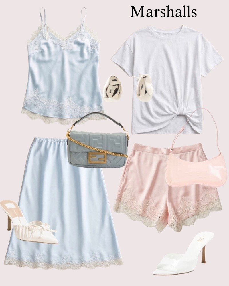Marshalls outfit ideas, skirt, tank top, pink lace shorts, white T-shirt, designer, silver earrings. Fendi purse, bag. 

#LTKSaleAlert #LTKMothersDay