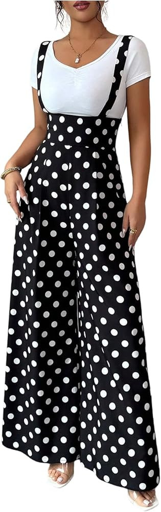 Floerns Women's Polka Dots Jumpsuit Wide Leg Suspender Pants Baggy Overalls | Amazon (US)
