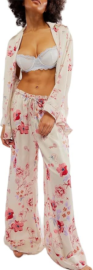 Womens Y2k Silk Pajama Sets Floral Print Long Sleeve Button Down Shirts Wide Leg Pants 2 Piece Lo... | Amazon (US)