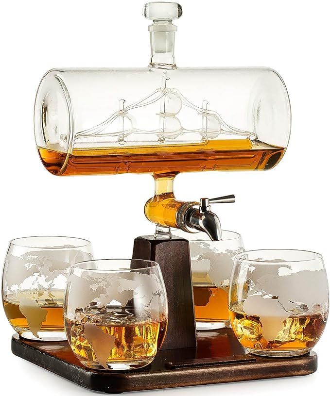 Whiskey Decanter with Antique Ship - The Wine Savant Ship Decanter Set with 4 Globe Glasses, Drin... | Amazon (US)