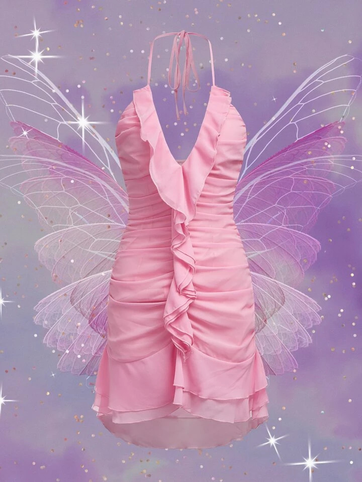 SHEIN ICON Halter Neck Backless Ruched Ruffle Trim Dress | SHEIN