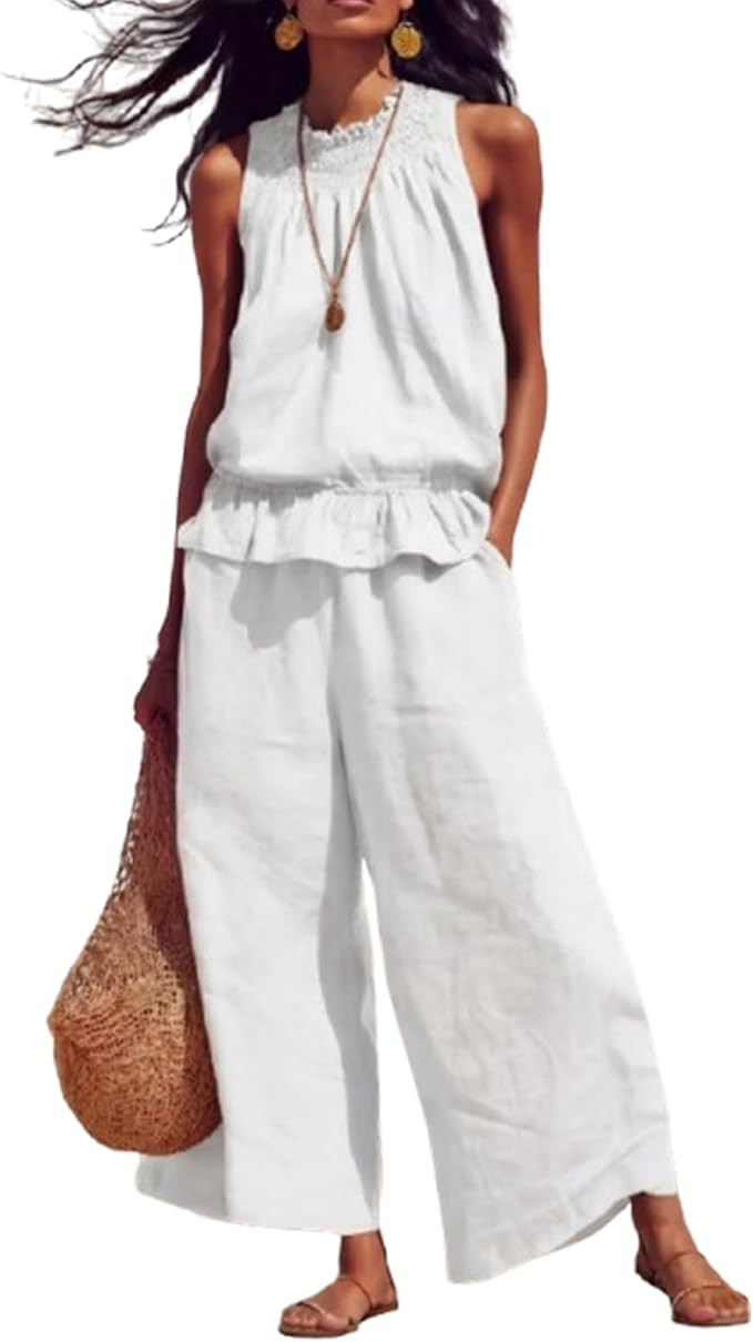 Moonboat Outfits Sleeveless Ruffle Top Wide Leg Pants, Women Summer Linen Sets for Loungewear Bea... | Amazon (US)