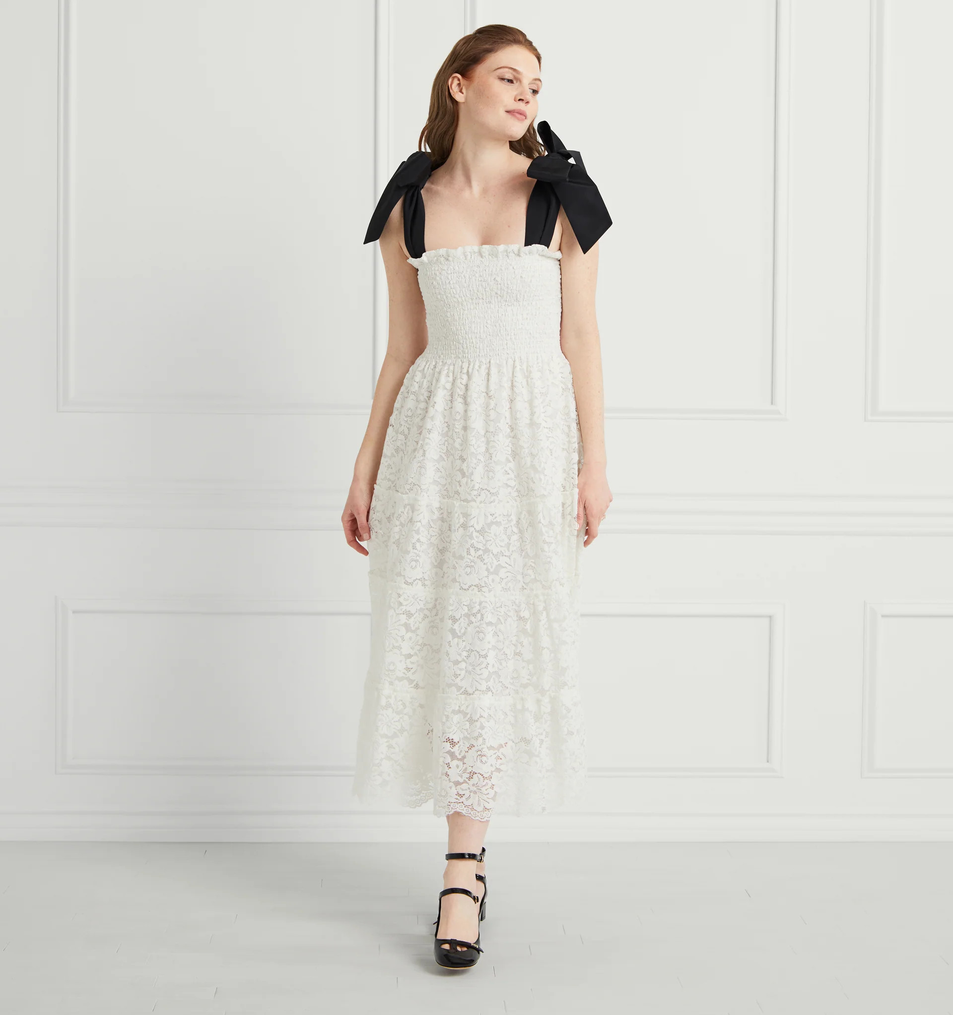 The Lace Ribbon Ellie Nap Dress - White Lace with Black Ribbon | Hill House Home US