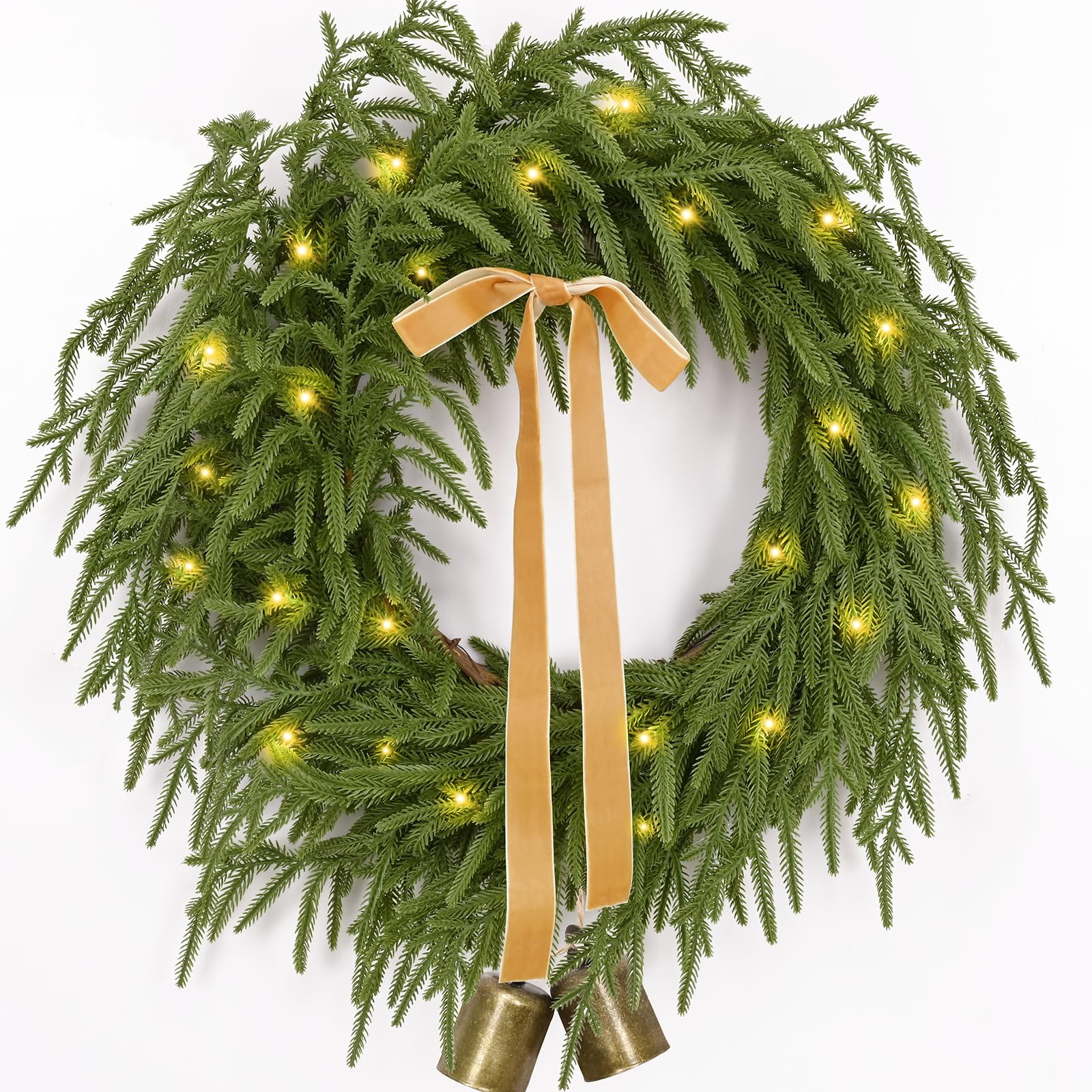 Christmas Wreath -24 Inch Real Touch Norfolk Pine Wreath for Front Door, Christmas Wreath with Li... | Amazon (US)