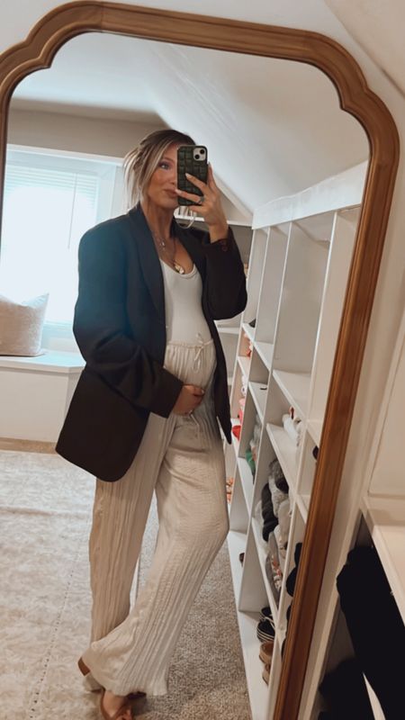Maternity outfit idea 🤎 dressing these pants up with a blazer and block heel for church! 

#LTKworkwear #LTKbump #LTKbaby