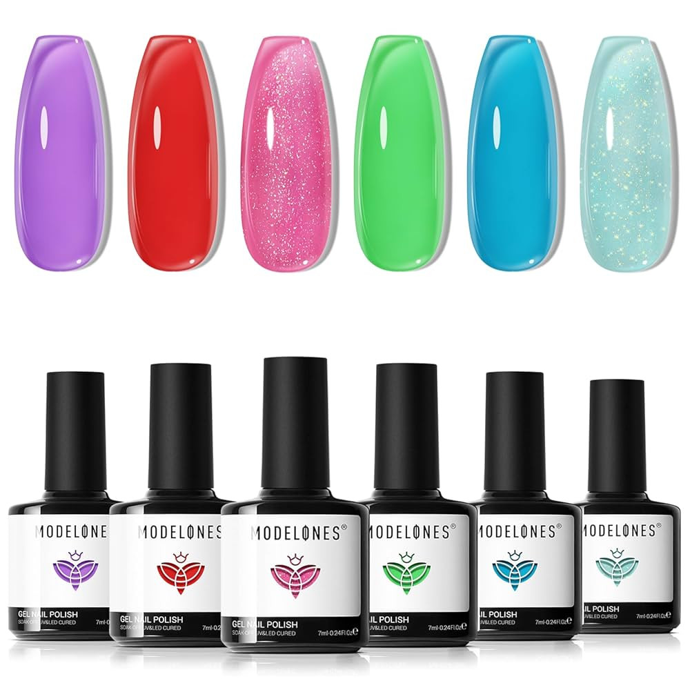 modelones Summer Gel Nail Polish, 6 Colors Jelly Gel Polish Neon LGBT Red Blue Green Pink Purple ... | Amazon (US)