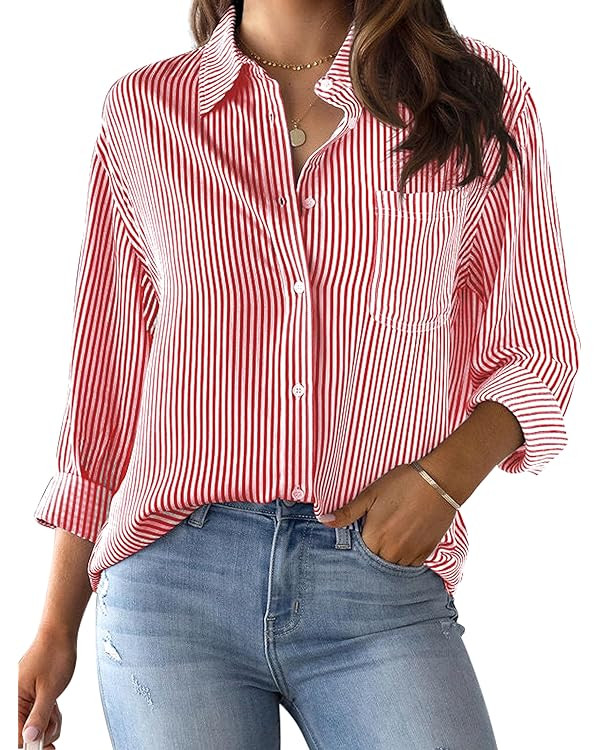 CUNLIN Wrinkle Free Women's Button Down Shirts Striped Long Sleeve Collared Blouses Tops with Poc... | Amazon (US)