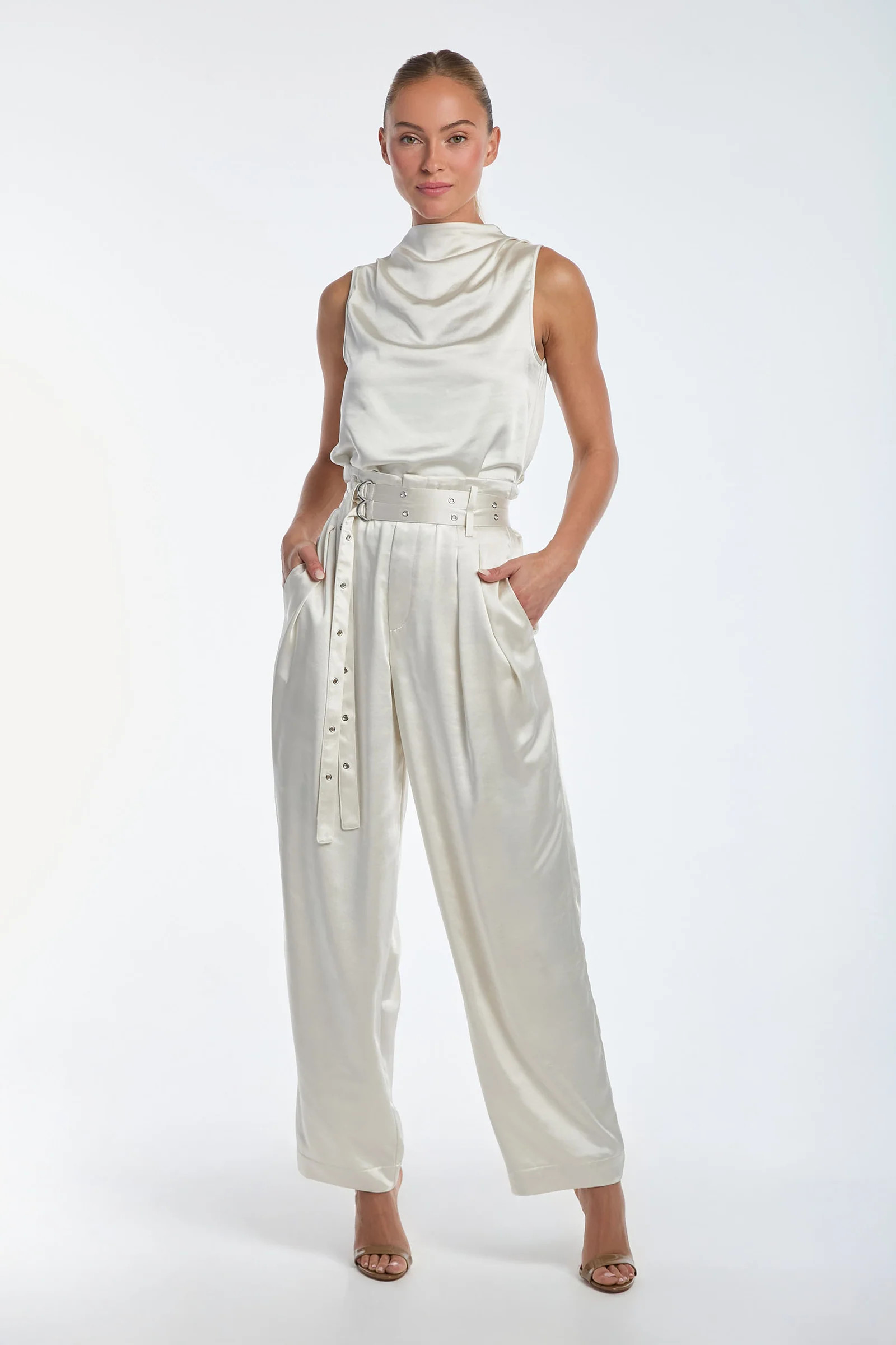 Kora Double Belted Satin Pant - Pearl | The Noli Shop