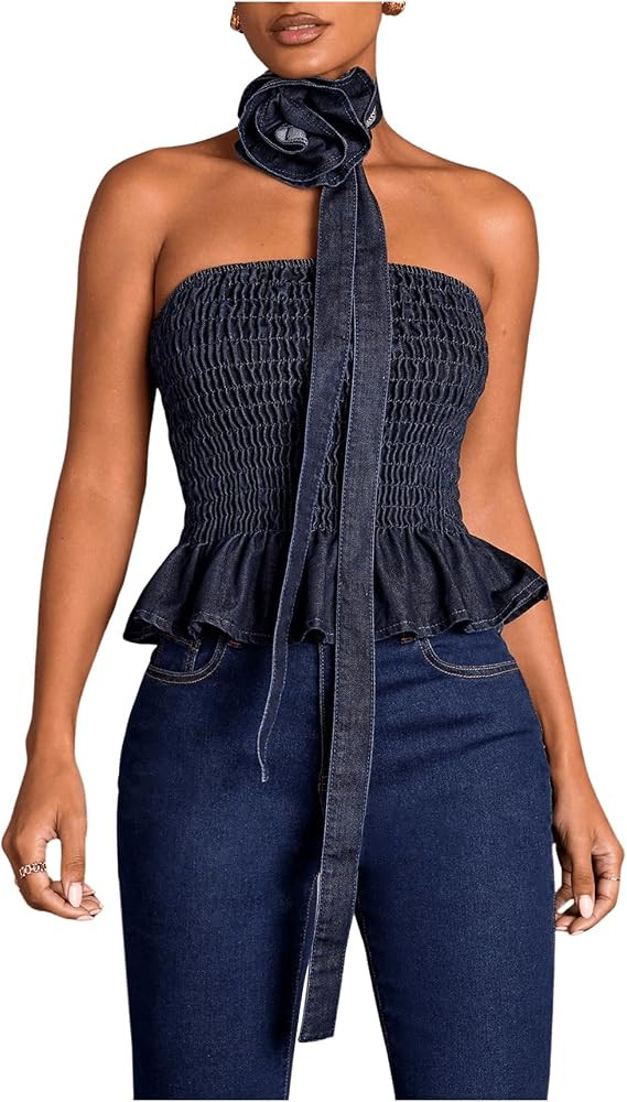 MakeMeChic Women's Denim Top Strapless Shirred Tube Top Ruffle Hem Bandeau Tops with 3D Flower Sc... | Amazon (US)