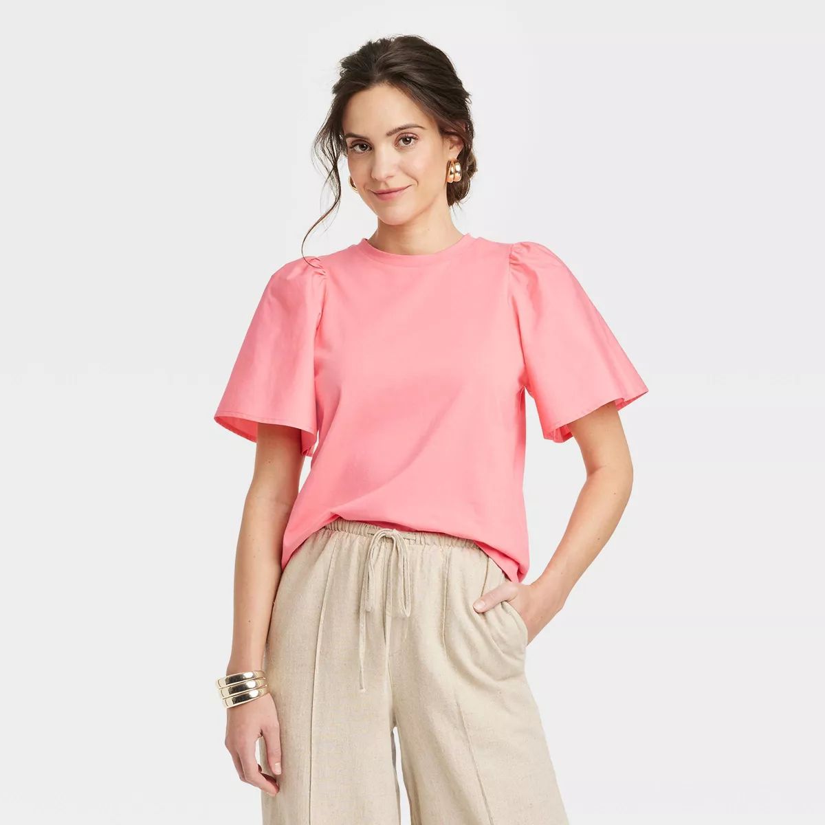 Women's KTW Puff Elbow Sleeve T-Shirt - A New Day™ Pink M | Target