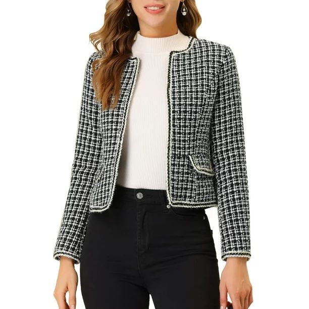 Allegra K Women's  Plaid Tweed Open Front Office Short Blazer | Walmart (US)