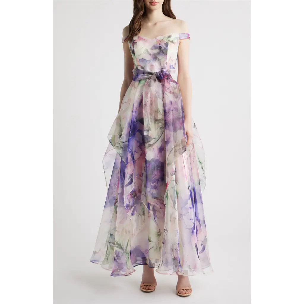 Eliza J Floral Off the Shoulder Ballgown in Purple Multi at Nordstrom, Size 0 | Nordstrom