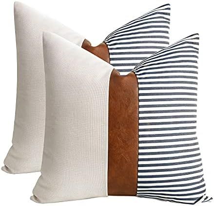 cygnus Set of 2 Farmhouse Decor Stripe Patchwork Linen Throw Pillow Covers,Modern Tan Faux Leather A | Amazon (US)