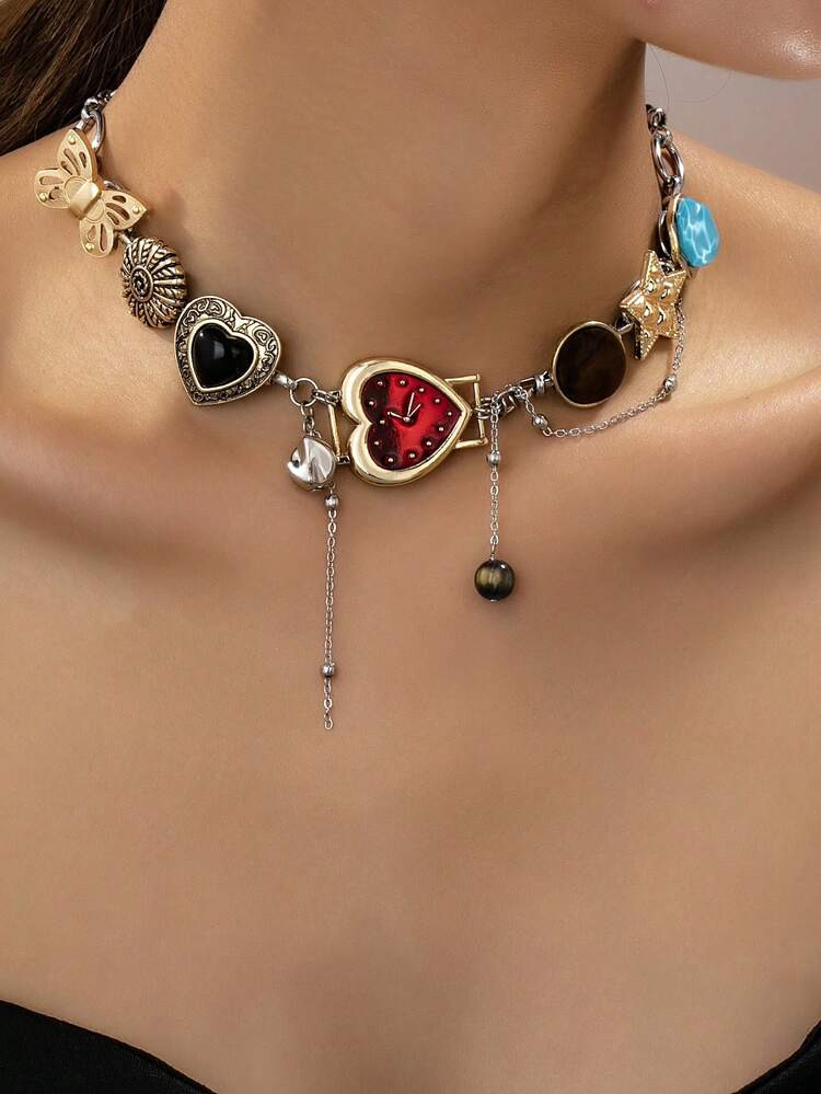1pc Y2K Style Multi-Element Necklace With Watch/Heart/Star/Butterfly Charms, Fashionable Charm Necklace For Women, Ideal Valentine's Day Gift (Watch-Inspired Design, Meaning: Freeze Time At The Most Beautiful Moment, Leave The Sweetest Memories) | SHEIN
