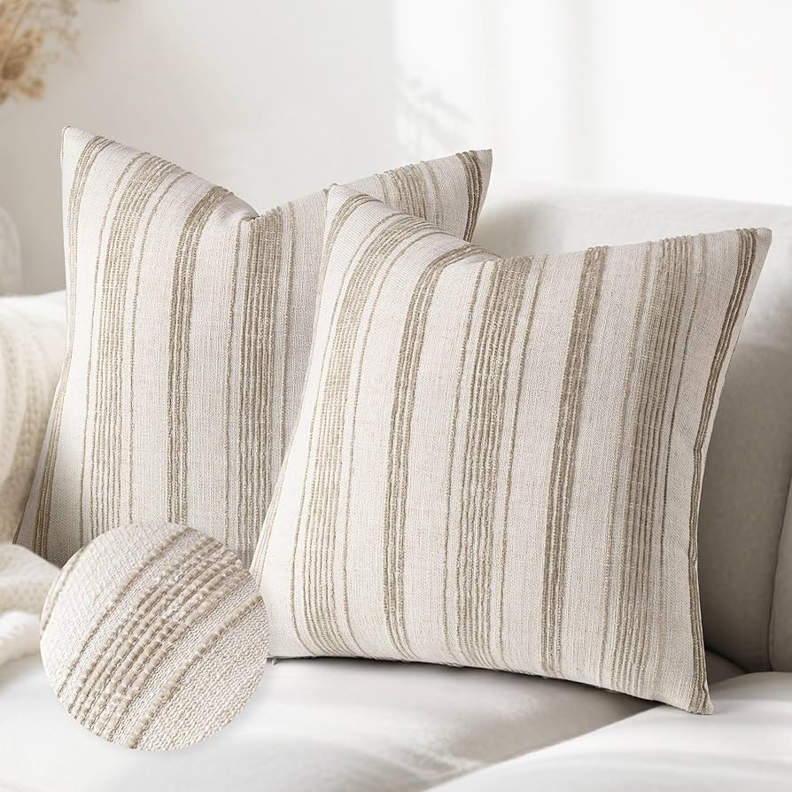 AELS 18x18 Decorative Farmhouse Linen Throw Pillow Covers, Beige with Brown Chenille Striped Pill... | Amazon (US)